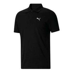 A black Puma polo shirt with a classic collar, short sleeves, and the Puma logo on the chest.