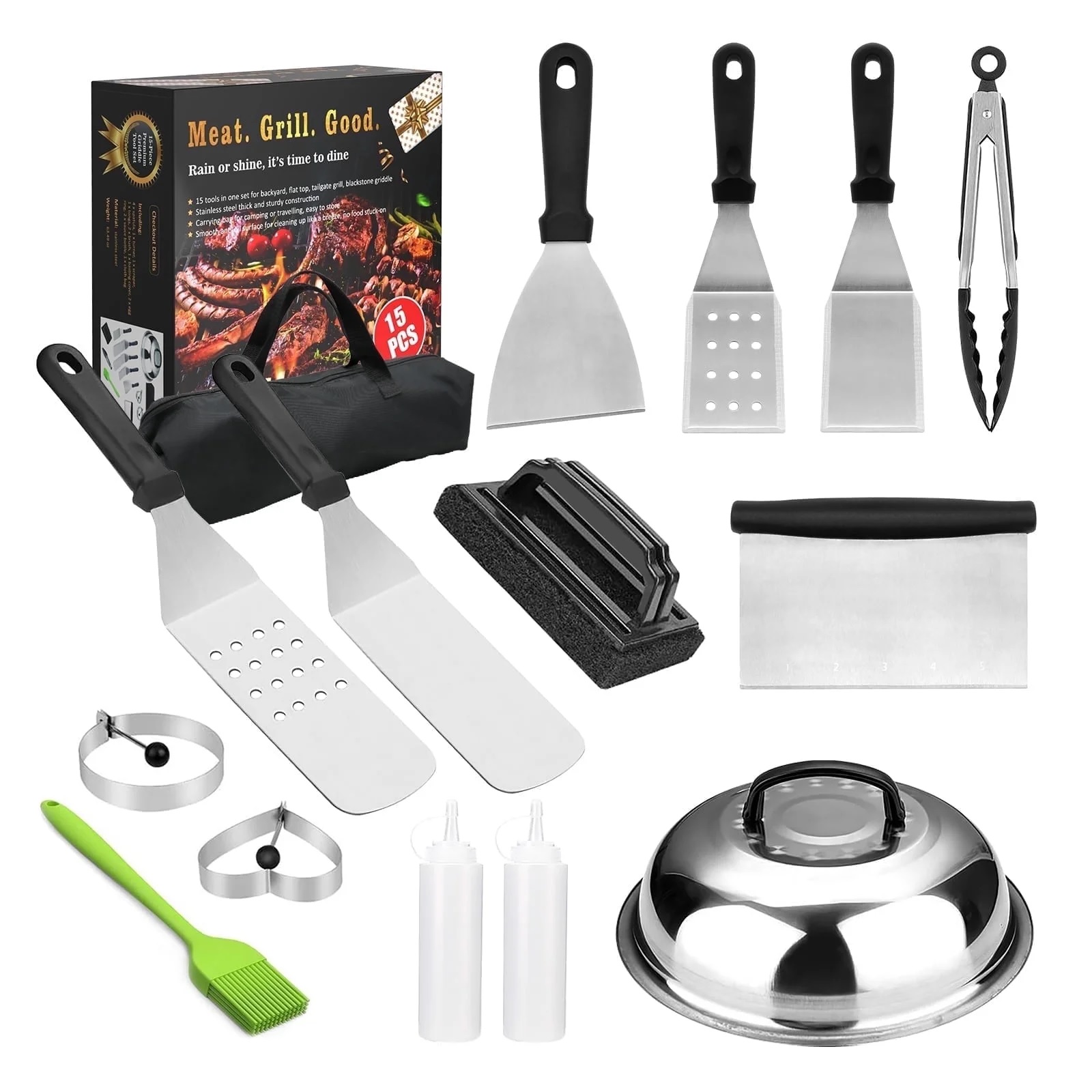 15-piece grill tool set includes spatulas, scrapers, tongs, a cleaning brush, a dough scraper, egg rings, a basting brush, squeeze bottles, a melting dome, and a carry bag. Ideal for BBQ and griddle cooking.