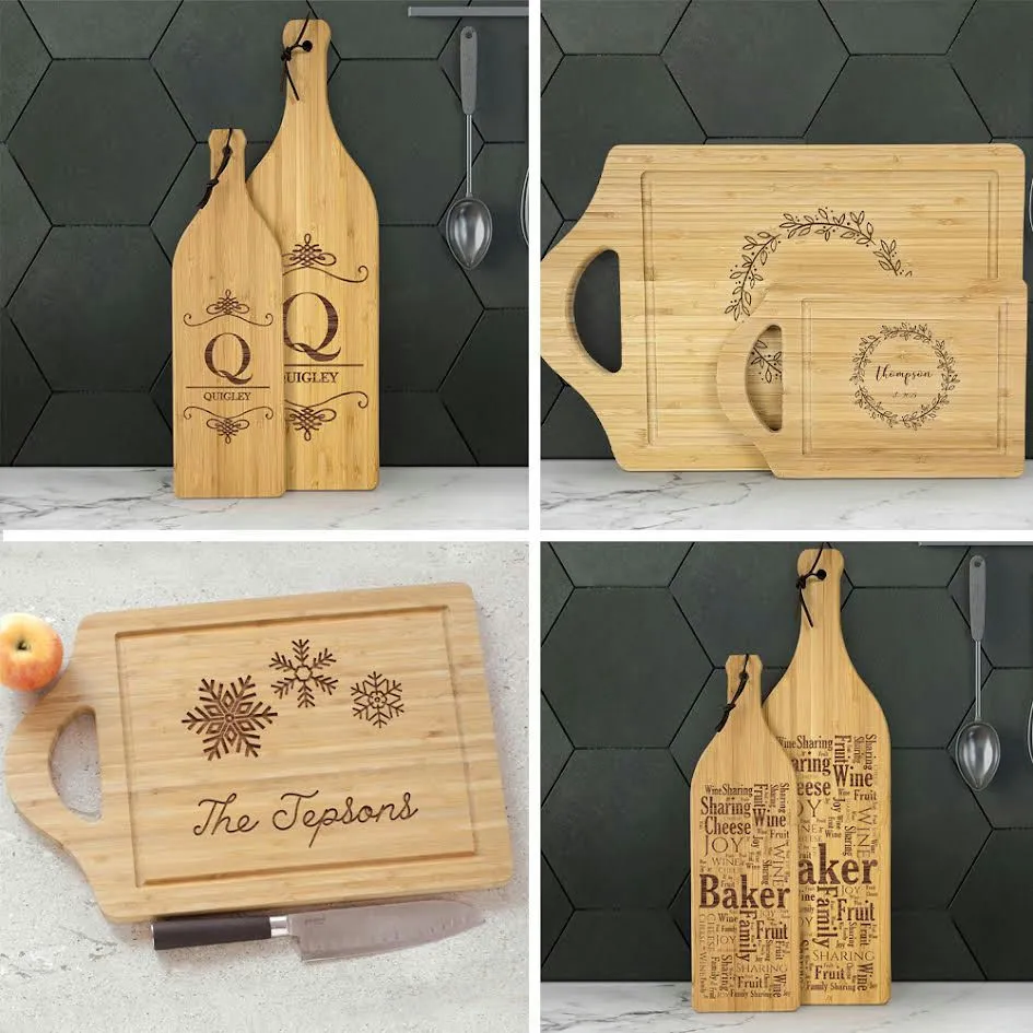 Four wooden cutting boards with personalized engravings, including names, initial designs, snowflakes, and word art.