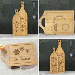 Four wooden cutting boards with personalized engravings, including names, initial designs, snowflakes, and word art.