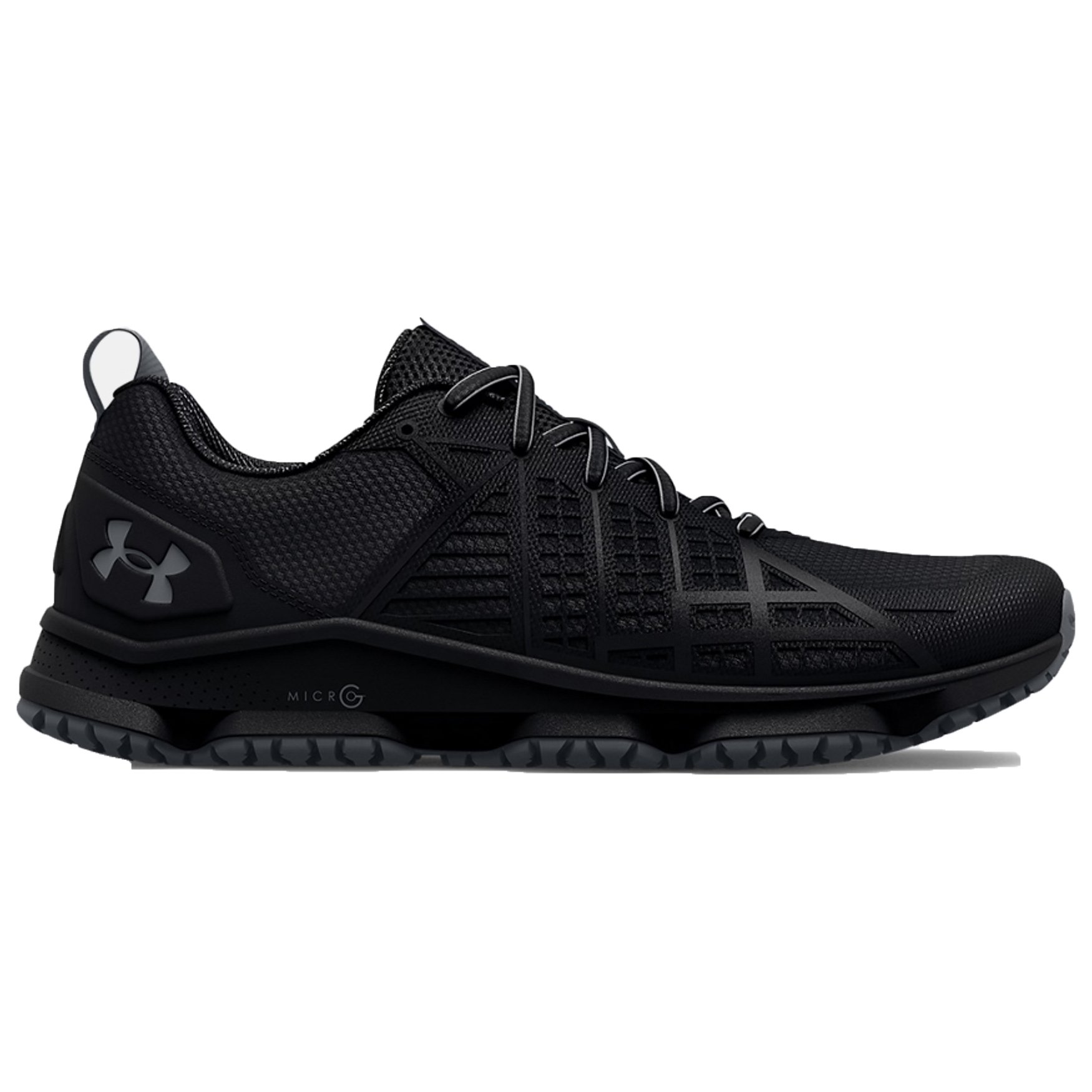 Under Armour Micro G Tactical Shoes in black feature a durable mesh upper, low-profile design, Micro G cushioning for comfort, and a grippy rubber outsole for traction.