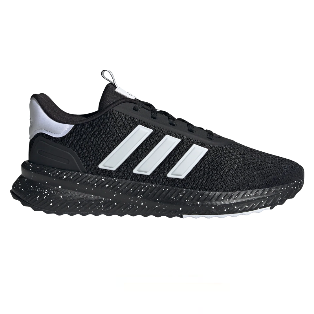 Black Adidas running shoe with white stripes, featuring a speckled black sole and white heel accent.