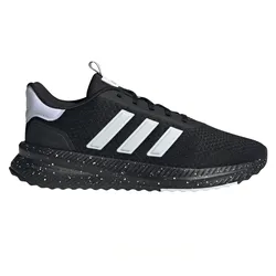 Black Adidas running shoe with white stripes, featuring a speckled black sole and white heel accent.