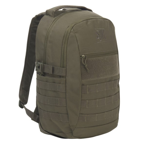 A green tactical backpack featuring multiple compartments, MOLLE webbing for attachments, and a top carry handle. Suitable for outdoor or tactical use.