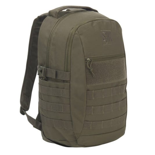 A green tactical backpack featuring multiple compartments, MOLLE webbing for attachments, and a top carry handle. Suitable for outdoor or tactical use.