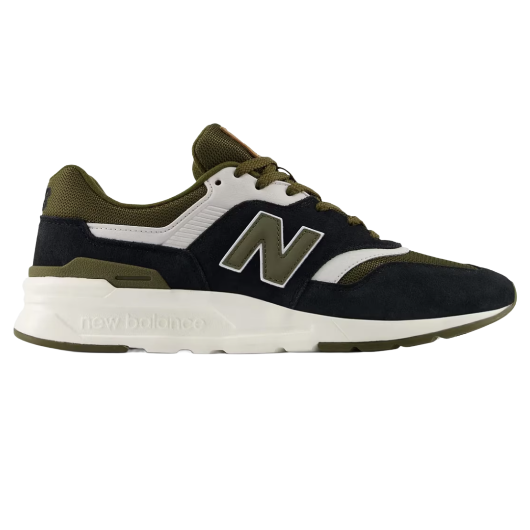 New Balance sneaker featuring a mix of olive green, black, and white with a prominent \“N\“ logo on the side and a cushioned sole for support.