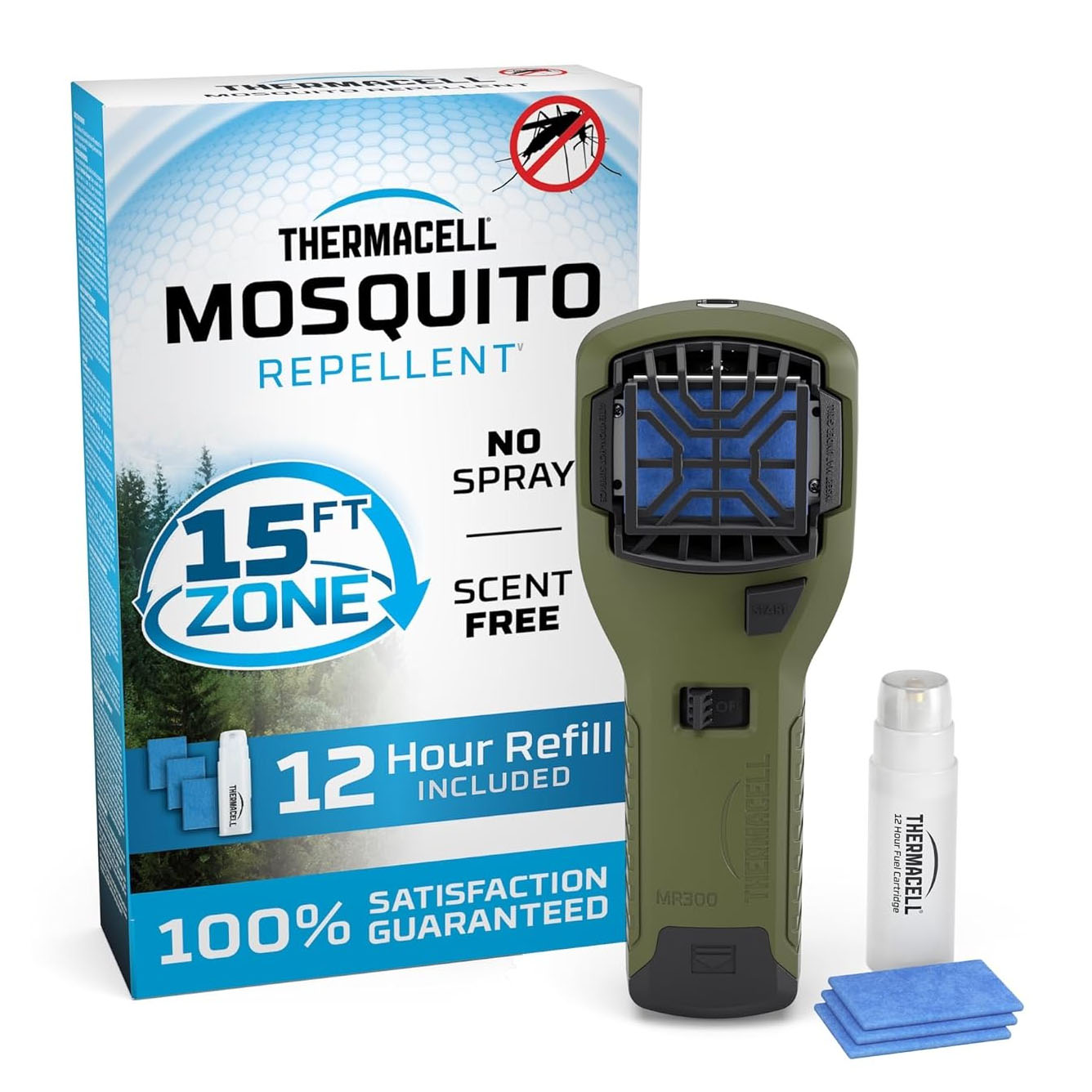 Thermacell Portable Mosquito Repeller creates a 15-foot zone of protection, is scent-free, and requires no spray. Includes a 12-hour refill, with a device featuring an on/off switch, and comes with one fuel cartridge and repellent mats.