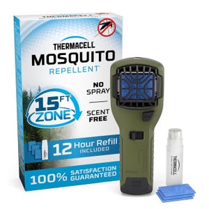 Thermacell Portable Mosquito Repeller creates a 15-foot zone of protection, is scent-free, and requires no spray. Includes a 12-hour refill, with a device featuring an on/off switch, and comes with one fuel cartridge and repellent mats.