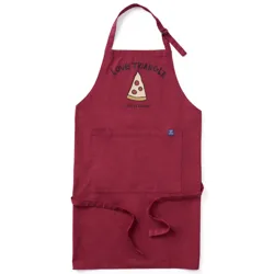 Red apron with the text \“Love Triangle\“ and a pizza slice graphic above the phrase \“Life is Good.\“ It features a large front pocket and adjustable neck strap.