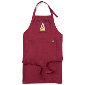 Red apron with the text \“Love Triangle\“ and a pizza slice graphic above the phrase \“Life is Good.\“ It features a large front pocket and adjustable neck strap.