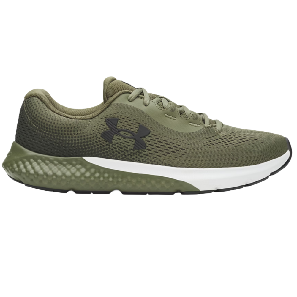 Olive green athletic shoe with a mesh upper, black logo, and white midsole designed for running or casual wear.