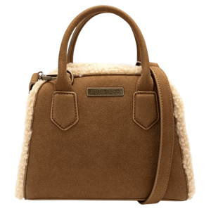 A brown handbag with a soft, plush texture and shearling trim features two handles, a shoulder strap, and a front logo plaque.