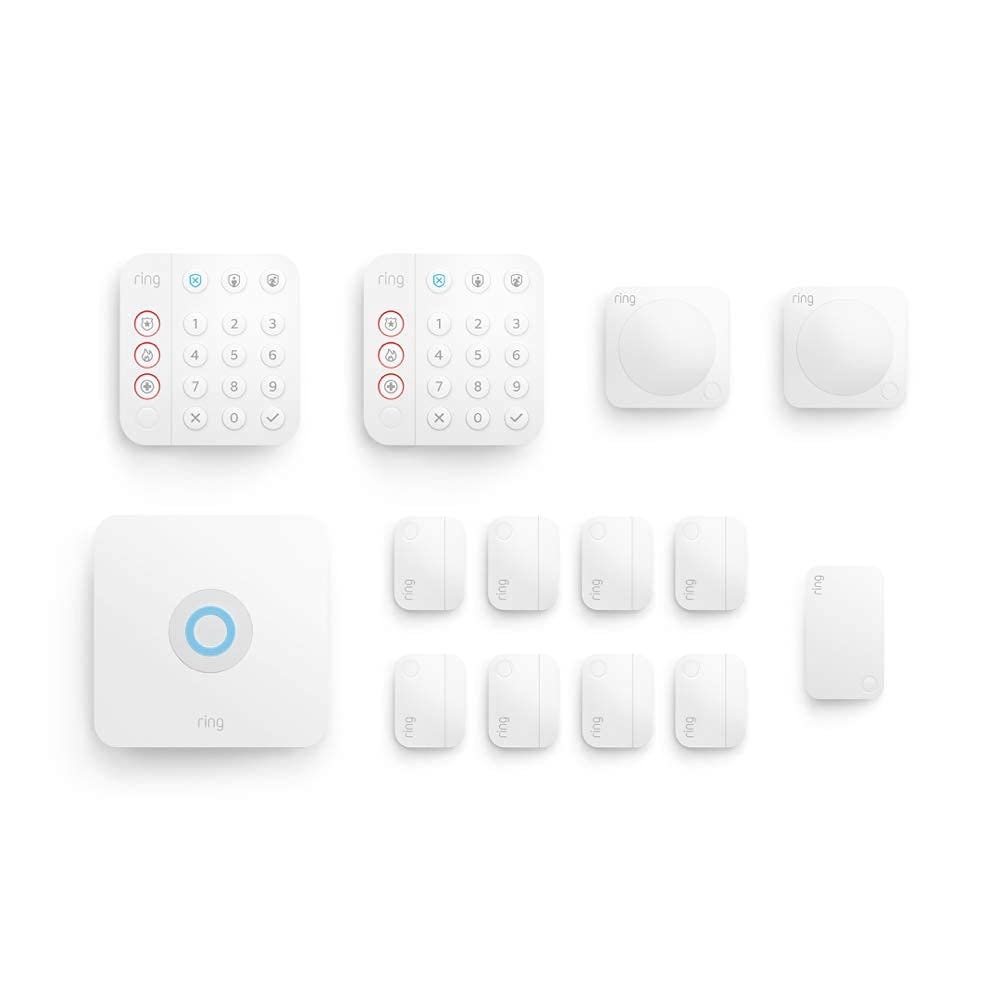 Ring Alarm 14pc Kit includes two keypads, one base station, two motion detectors, eight contact sensors, and one range extender, all in white.