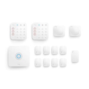 Ring Alarm 14pc Kit includes two keypads, one base station, two motion detectors, eight contact sensors, and one range extender, all in white.