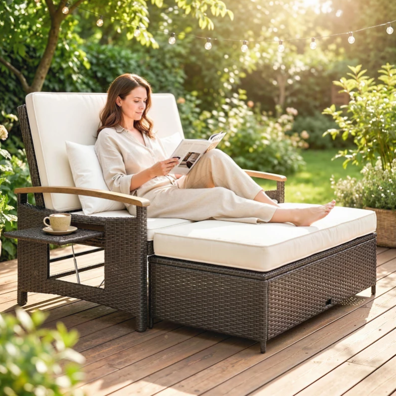 A woman relaxes on a rattan patio chaise lounge with white cushions, reading a magazine. The outdoor setting includes string lights, a wooden deck, and surrounding greenery.