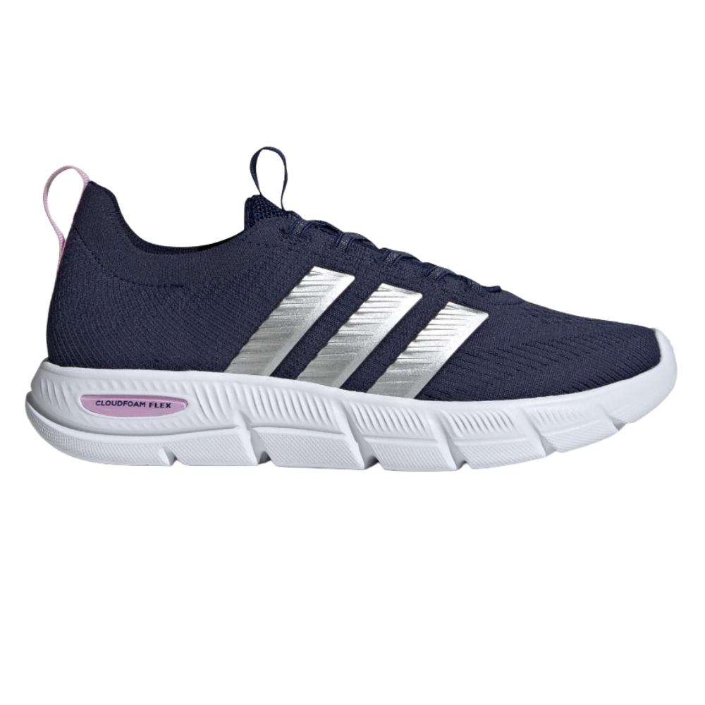 A blue athletic sneaker with silver stripes, featuring a white outsole labeled \“CLOUDFOAM FLEX.\“