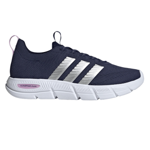 A blue athletic sneaker with silver stripes, featuring a white outsole labeled \“CLOUDFOAM FLEX.\“