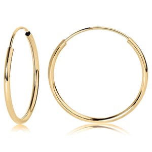 14K Yellow Gold Hoop Earrings, sleek and polished, feature a simple, classic circular design with a snap closure. Perfect for everyday wear, they offer a timeless elegance.