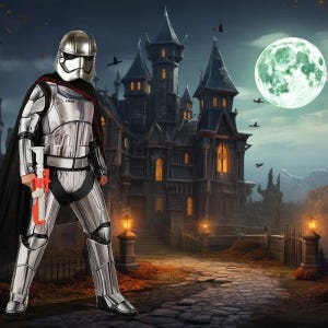 Costume of a silver-armored character with a cape and blaster standing before a haunted house under a full moon.