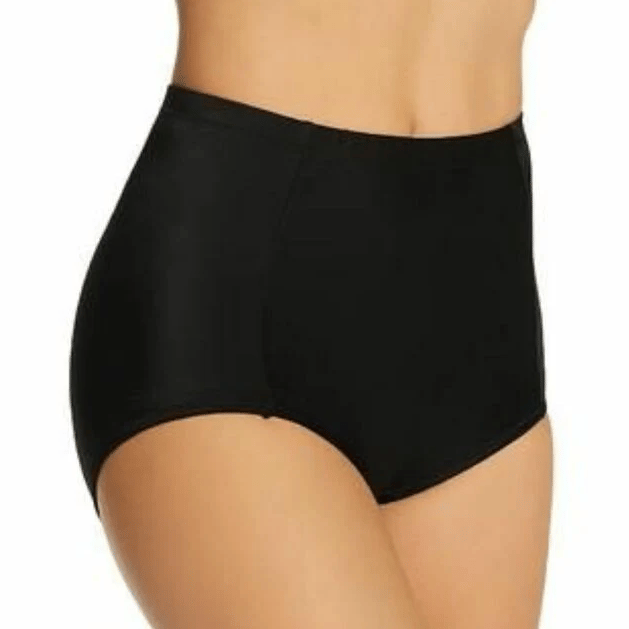 High-waisted black bikini bottom providing full coverage and a smooth silhouette.