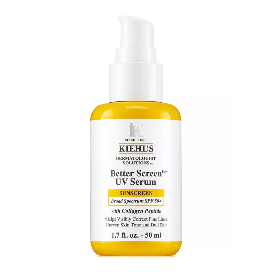Kiehl's Better Screen UV Serum is a sunscreen with Broad Spectrum SPF 50+, featuring collagen peptide to help correct fine lines, uneven skin tone, and dullness. It comes in a 1.7 fl. oz. (50 ml) pump bottle.