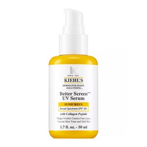 Kiehl's Better Screen UV Serum is a sunscreen with Broad Spectrum SPF 50+, featuring collagen peptide to help correct fine lines, uneven skin tone, and dullness. It comes in a 1.7 fl. oz. (50 ml) pump bottle.