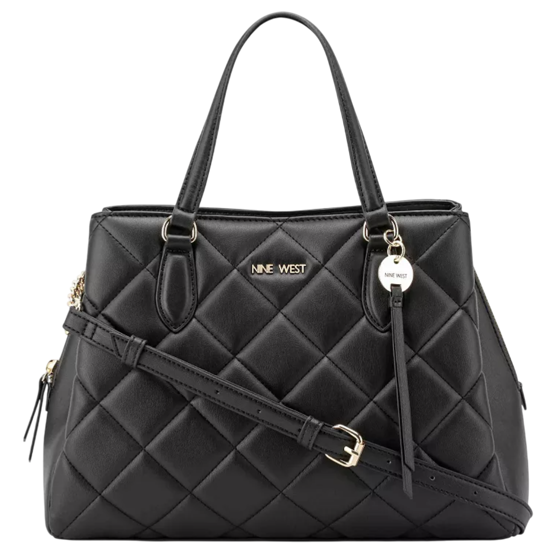 Black quilted handbag with dual handles and a detachable shoulder strap, featuring gold-tone hardware and a \“NINE WEST\“ logo.