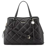 Black quilted handbag with dual handles and a detachable shoulder strap, featuring gold-tone hardware and a \“NINE WEST\“ logo.