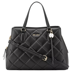 Black quilted handbag with dual handles and a detachable shoulder strap, featuring gold-tone hardware and a \“NINE WEST\“ logo.