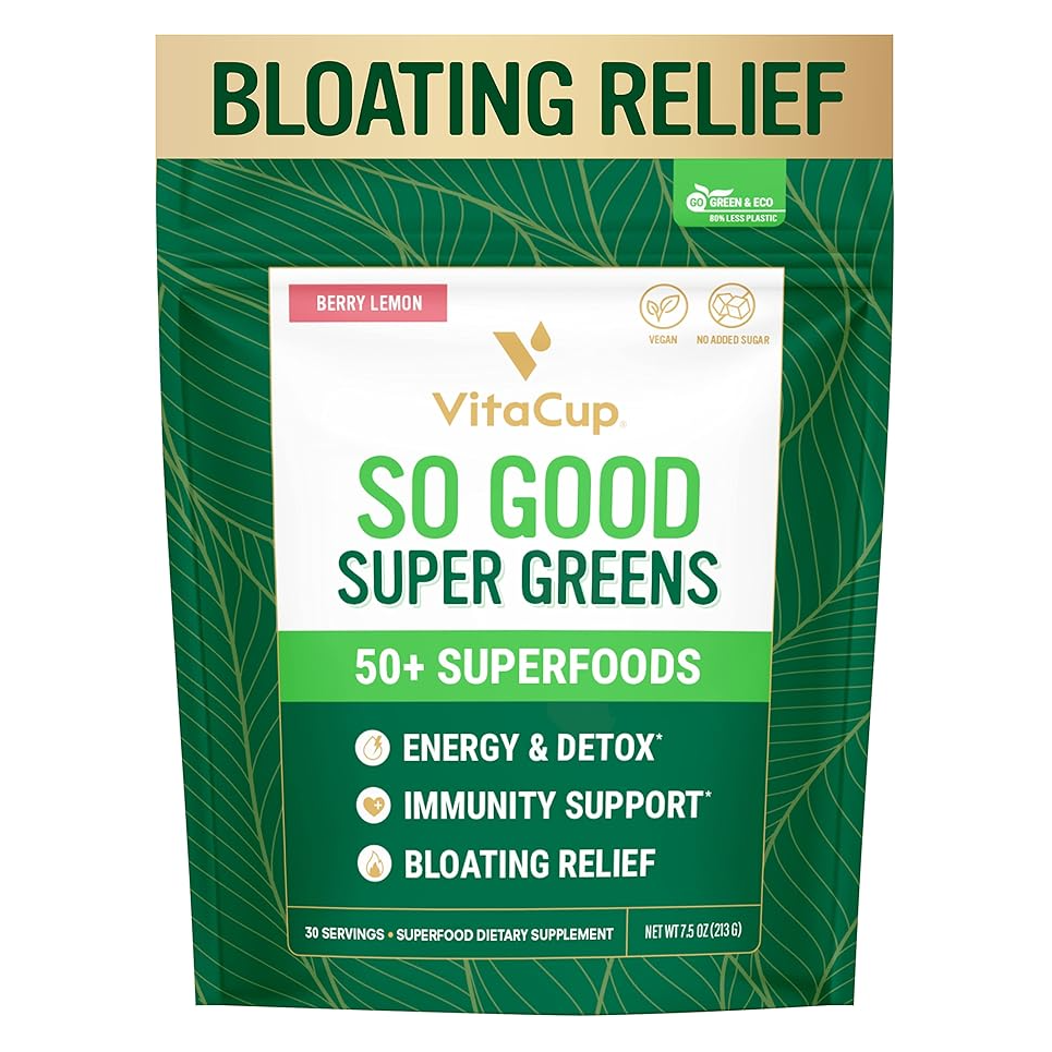 VitaCup So Good Super Greens, Berry Lemon flavor, offers 50+ superfoods for energy, detox, immunity support, and bloating relief. Vegan, no added sugar, and eco-friendly with 30 servings per 7.5 oz (213 g) package.