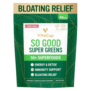 VitaCup So Good Super Greens, Berry Lemon flavor, offers 50+ superfoods for energy, detox, immunity support, and bloating relief. Vegan, no added sugar, and eco-friendly with 30 servings per 7.5 oz (213 g) package.