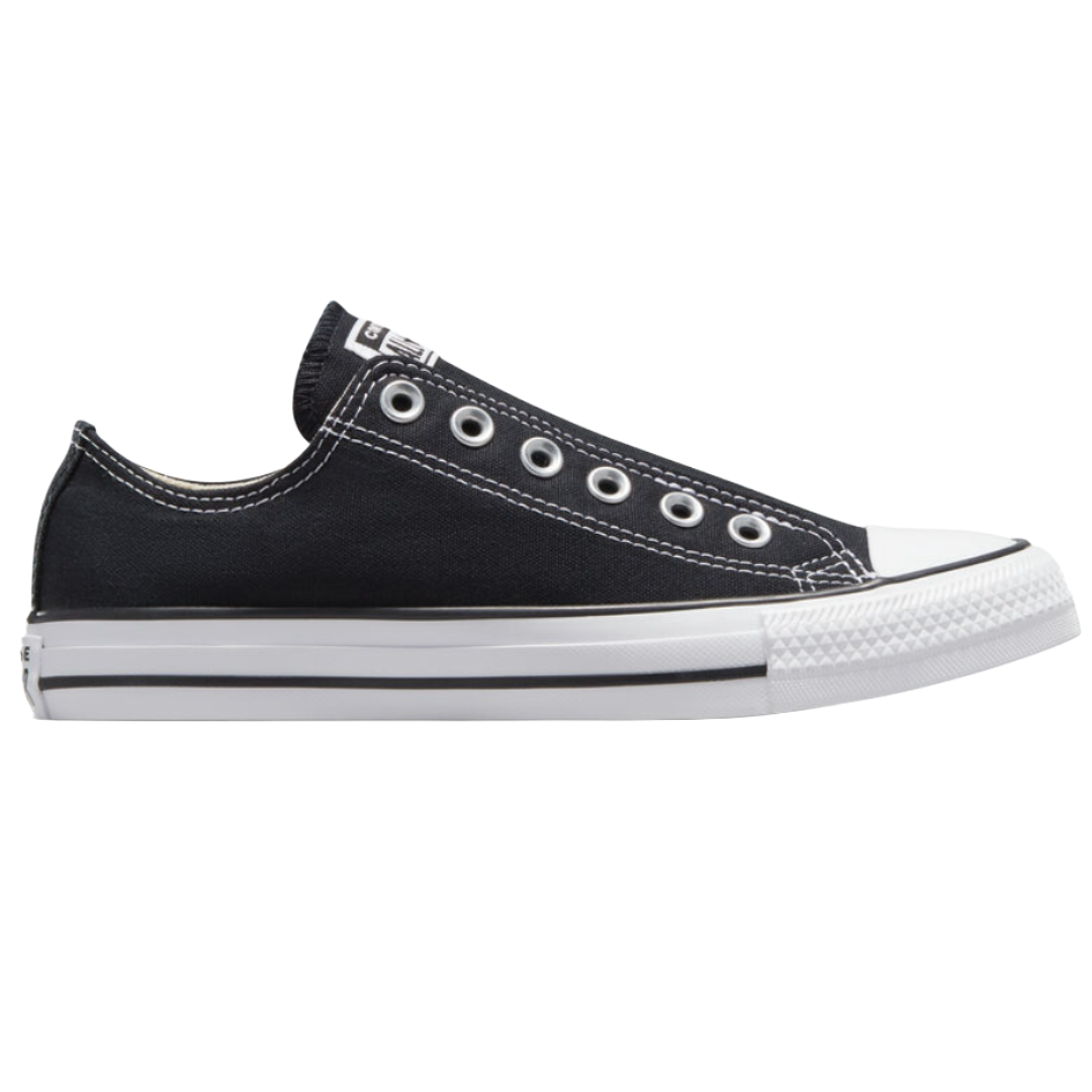 Black low-top sneaker with white toe cap, sole, and metal eyelets; features stitching details and a canvas upper.