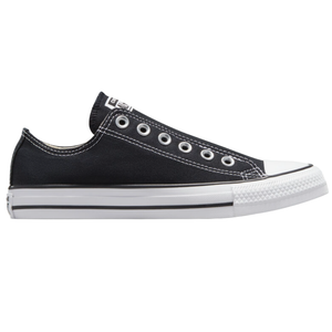 Black low-top sneaker with white toe cap, sole, and metal eyelets; features stitching details and a canvas upper.