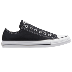 Black low-top sneaker with white toe cap, sole, and metal eyelets; features stitching details and a canvas upper.