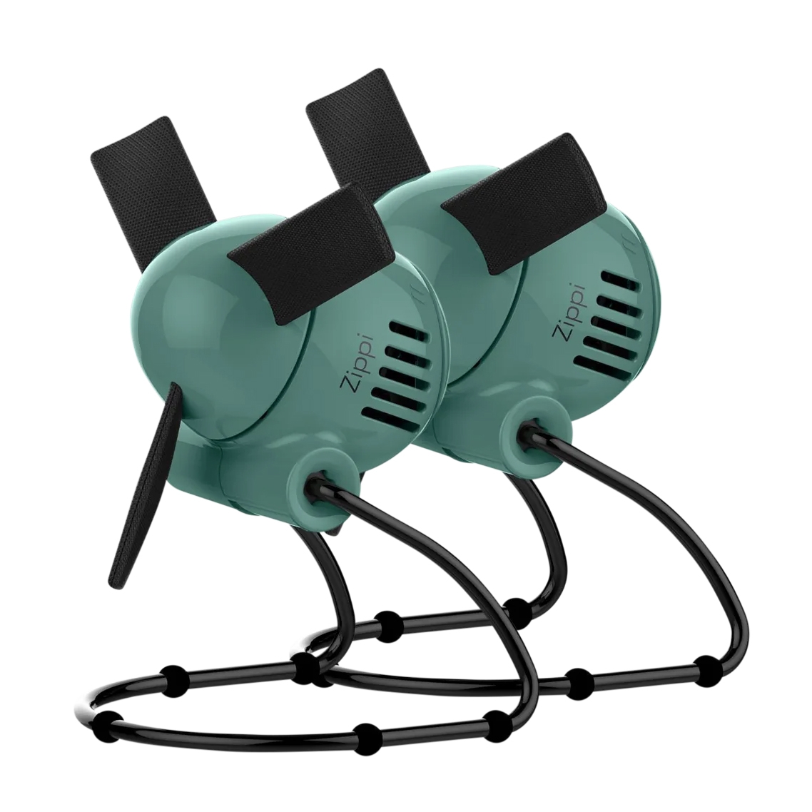 Twin clip-on electric fans with black flexible legs and blade guards, labeled \“Zippi.\“
