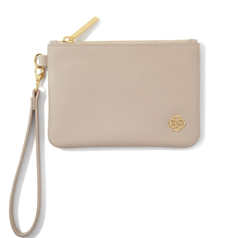 A beige leather wristlet pouch with a gold zipper, detachable strap, and a small gold emblem in the bottom corner.