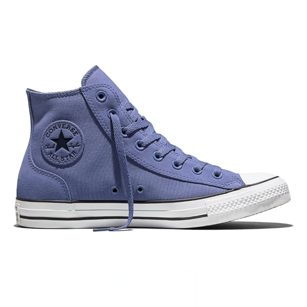 A blue Converse Chuck Taylor All Star high-top sneaker with a white rubber sole and toe cap, featuring the classic star logo on the side.