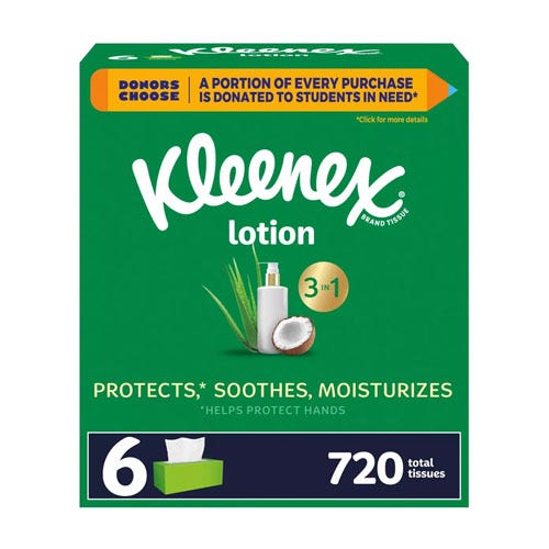 Kleenex brand 3-in-1 lotion tissues, 6-pack box with 720 total tissues, claiming to protect, soothe, and moisturize hands.