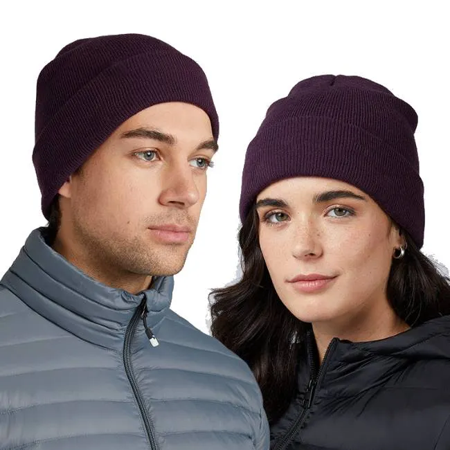 Two people are wearing purple knit beanies and puffer jackets—one in light gray and the other in black.