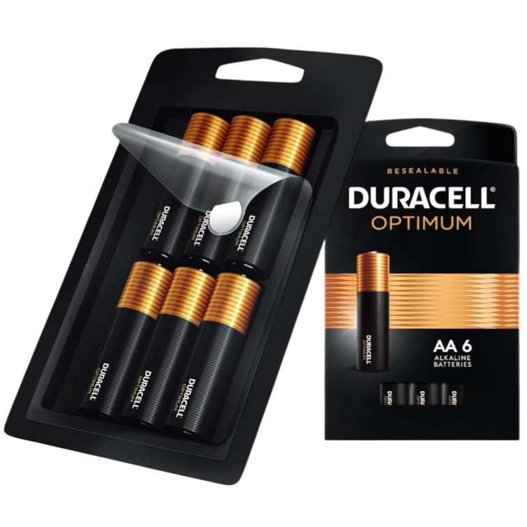 Duracell Optimum AA 6-pack alkaline batteries, featuring a resealable package for better storage and convenience.