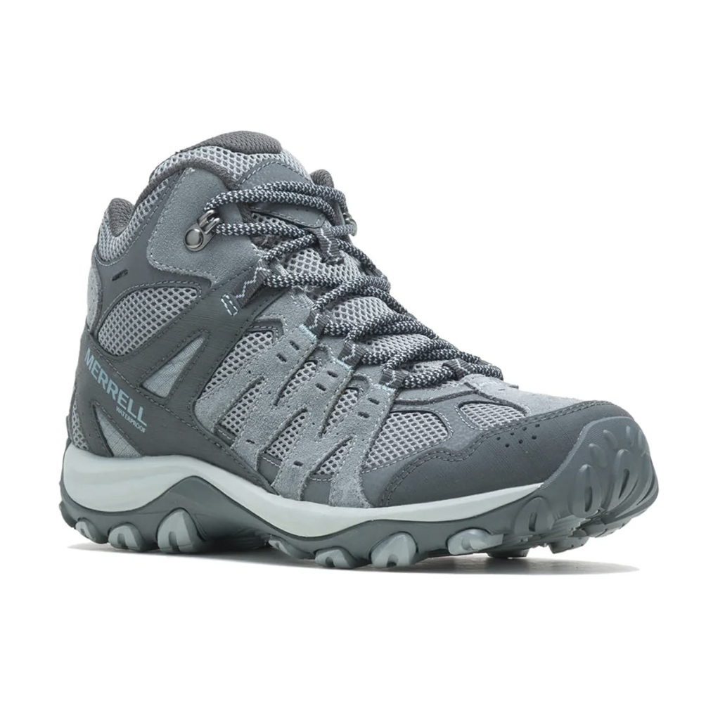 A gray Merrell hiking boot with mesh and suede materials, featuring durable laces and a thick, rugged sole designed for traction.