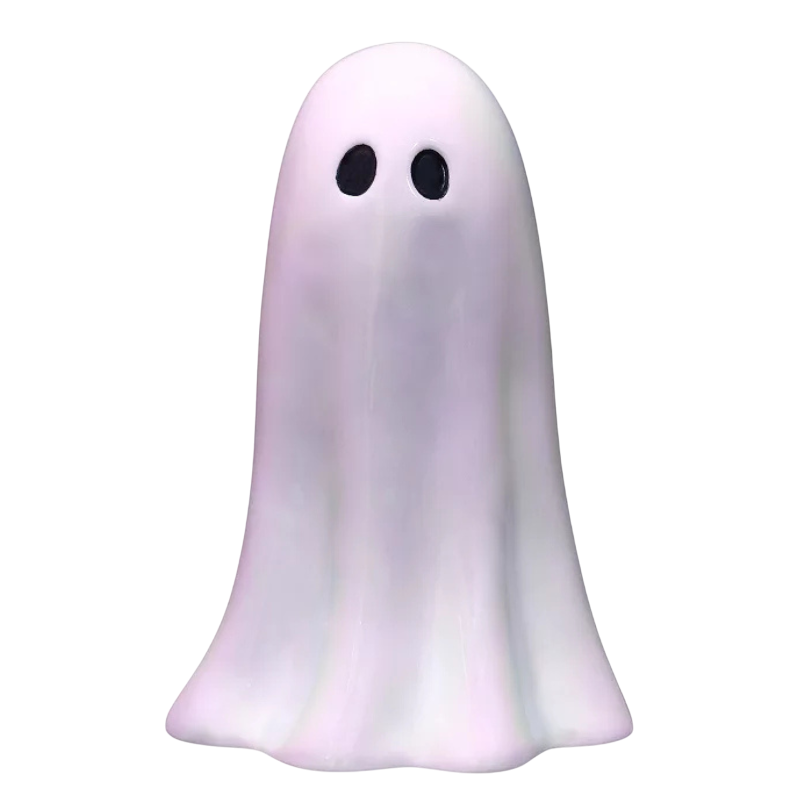 A white ghost-shaped ceramic figurine with two black oval eyes.