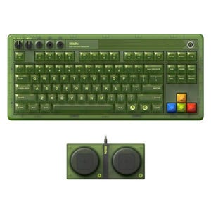 A retro-style green keyboard with colorful keys and a matching controller featuring two large buttons.