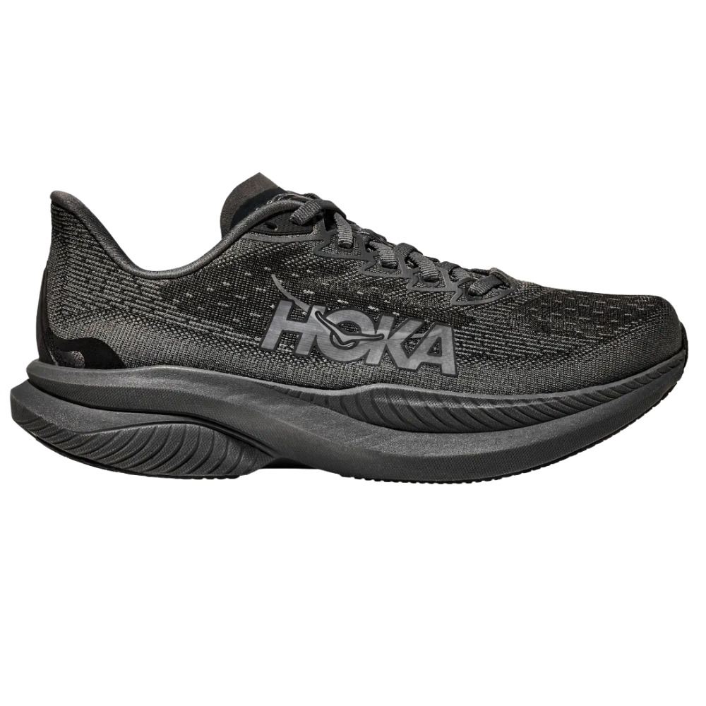 A black Hoka running shoe with a thick cushioned sole and mesh upper, featuring the \“Hoka\“ logo on the side.