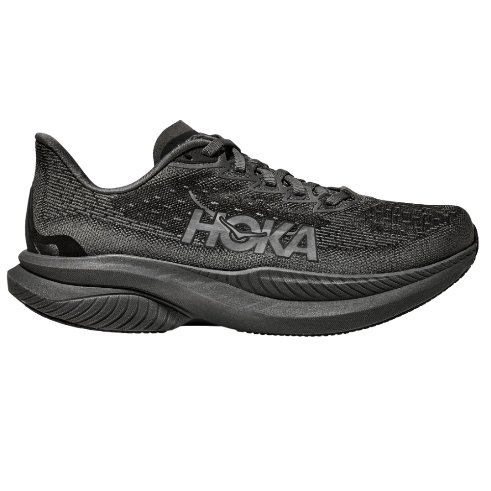 A black Hoka running shoe with a thick cushioned sole and mesh upper, featuring the \“Hoka\“ logo on the side.