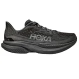 A black Hoka running shoe with a thick cushioned sole and mesh upper, featuring the \“Hoka\“ logo on the side.