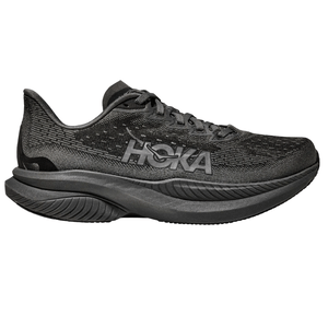 A black Hoka running shoe with a thick cushioned sole and mesh upper, featuring the \“Hoka\“ logo on the side.