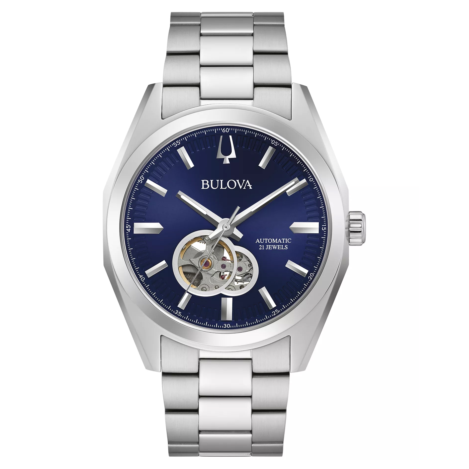 A Bulova automatic watch featuring a stainless steel bracelet, a blue dial, silver-tone markers, and an open-heart design showcasing the movement with 21 jewels.