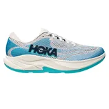 Hoka running shoe featuring a white and blue mesh upper, with a padded collar and thick cushioned sole.