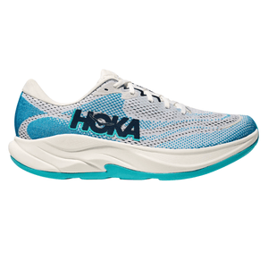 Hoka running shoe featuring a white and blue mesh upper, with a padded collar and thick cushioned sole.